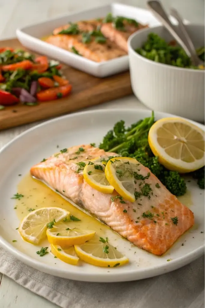 Freshly Baked Steelhead Trout Garnished with Lemon and Herbs