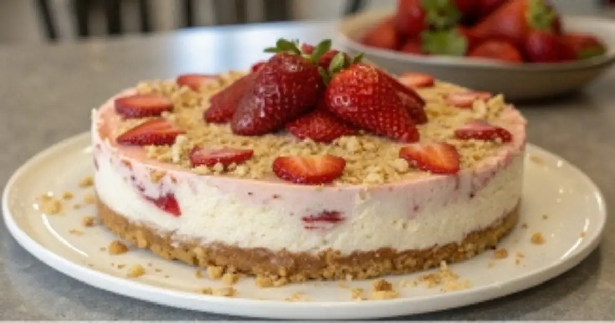 Elegant Strawberry Cheesecake Crunch Cake with Fresh Berry Garnish