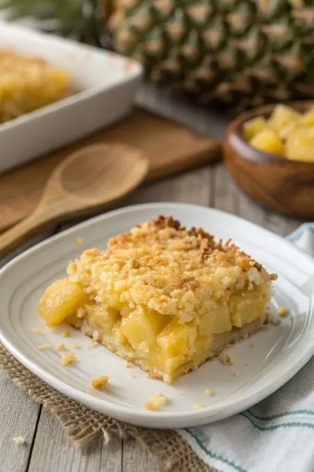Sliced pineapple casserole served with roasted ham and parsley garnish.