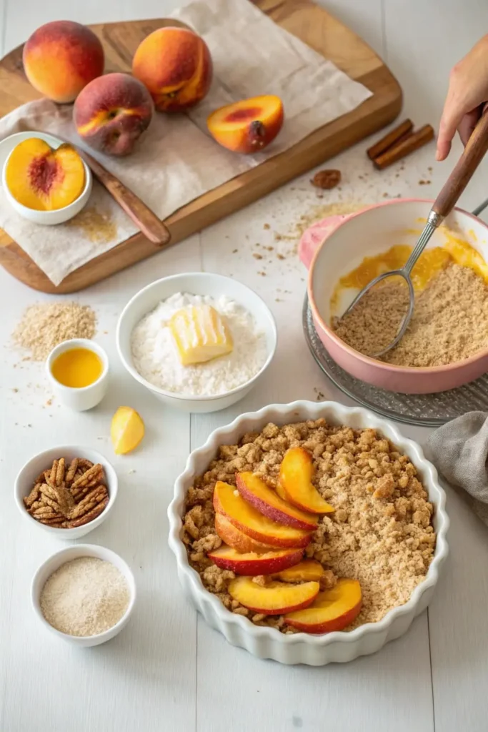 Homemade Peach Crumble in a Rustic Baking Dish