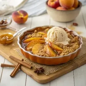 Golden Peach Crumble with Vanilla Ice Cream