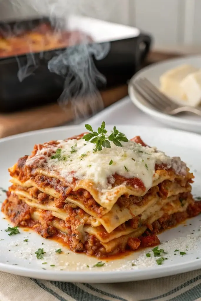 Steaming Barilla Lasagna with Fresh Basil Garnish