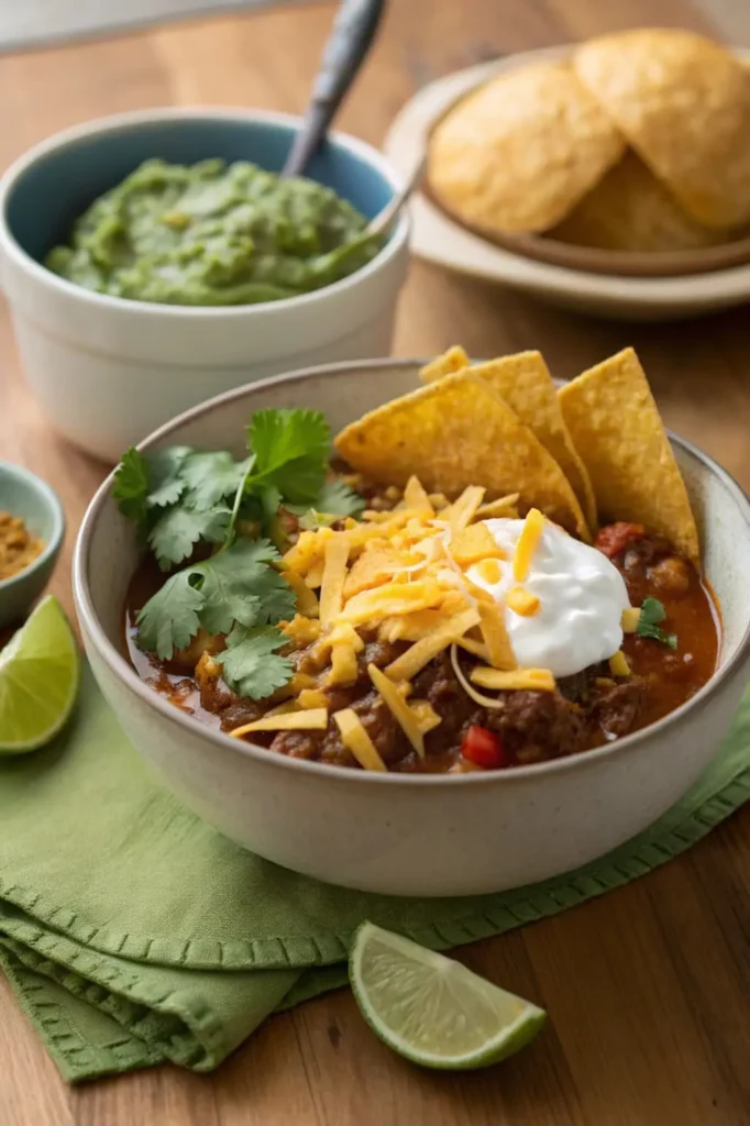 Homemade Taco Soup Frios with Vibrant Garnishes