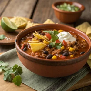 Hearty Taco Soup Frios in a Rustic Bowl