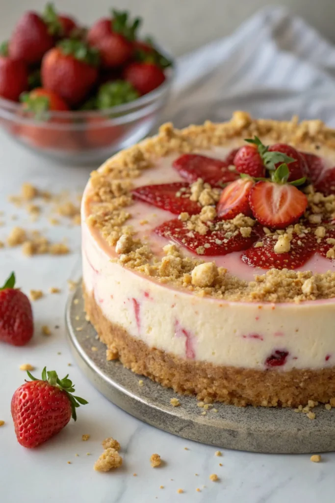 Layers of Creamy Cheesecake, Crunch, and Fresh Strawberries