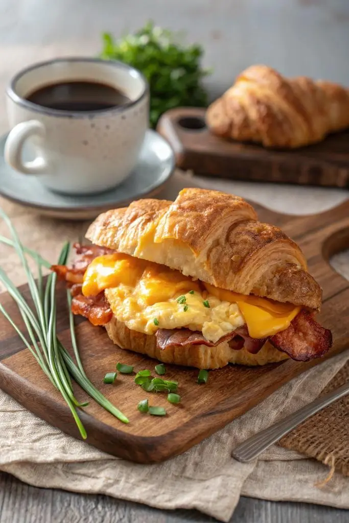 Breakfast Delight – Crispy bacon egg cheese croissant on a Plate