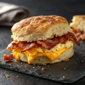 Melty Cheddar bacon egg cheese biscuit - Gooey Cheese Pull Close-Up