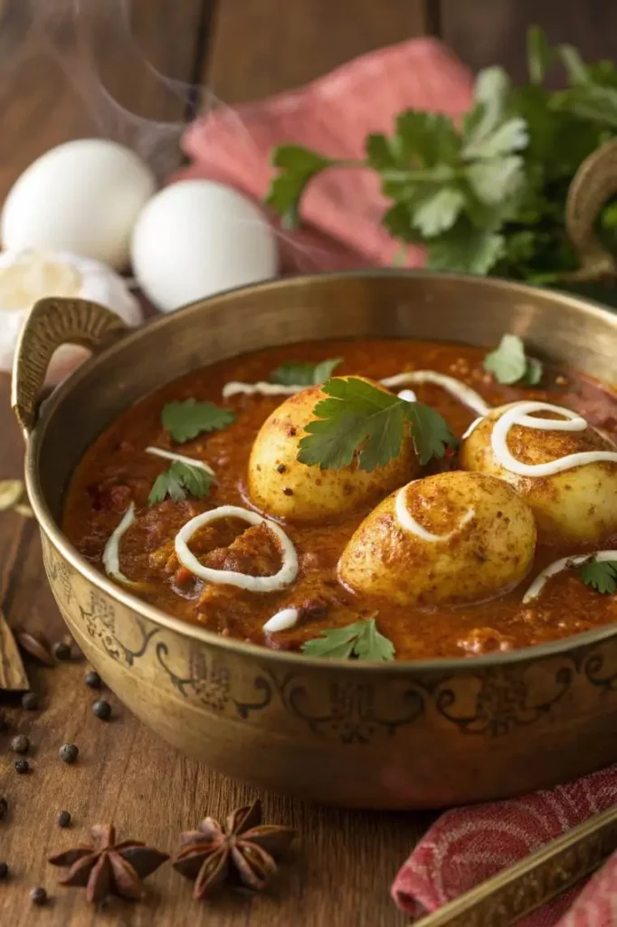 Egg Curry recipe Meal Presentation with Basmati Rice and Naan Bread