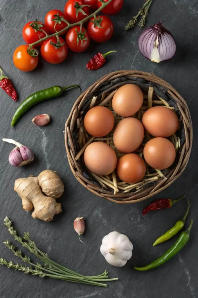 Fresh Ingredients for Egg Curry Recipe - Eggs, Tomatoes, Onions & Indian Spices