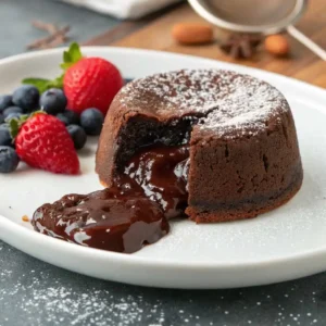 Warm gluten free chocolate lava cake with Fresh Berries